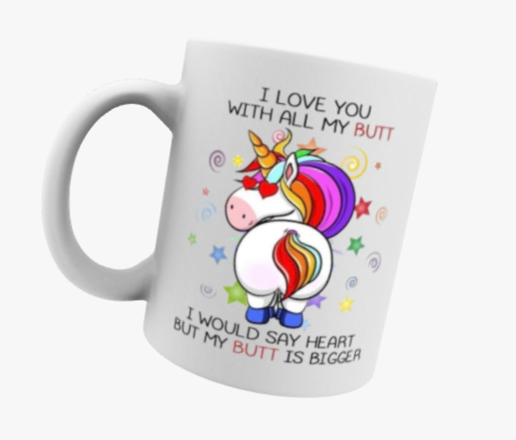 I Love you with all my Butt, Unicorn, Travel Mug, Ceramic Mug, Coaster, Cushion, Water Bottle, Keyring