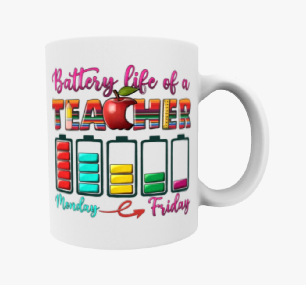 Battery Life of a Teacher, Travel Mug, Ceramic Mug, Coaster, Cushion, Water Bottle, Keyring