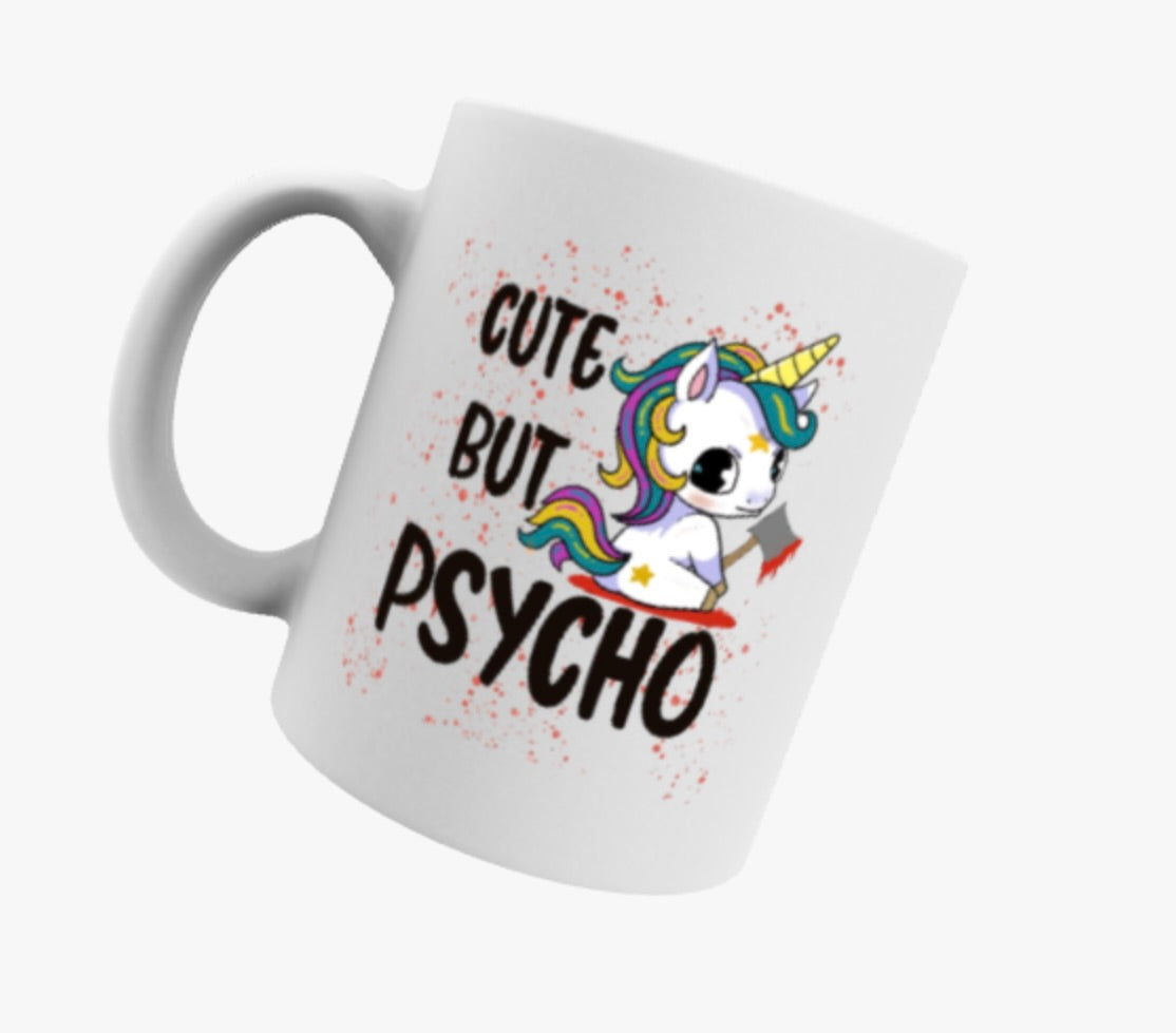 Cute but Psycho, Unicorn, Travel Mug, Ceramic Mug, Coaster, Cushion, Water Bottle, Keyring