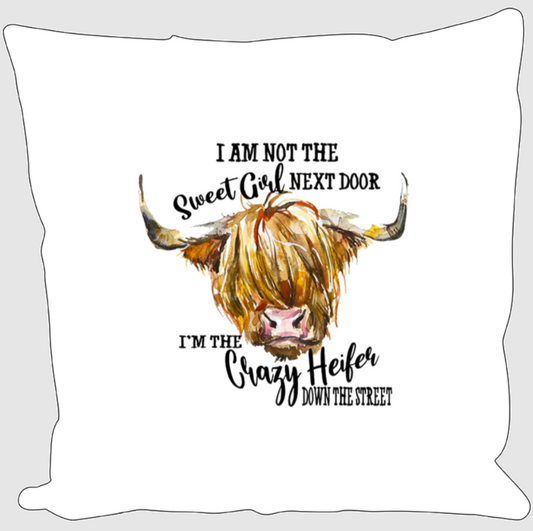 I’m not the sweet girl next door, I’m the Crazy Heifer down the street, Travel Mug, Ceramic Mug, Coaster, Cushion, Water Bottle, Keyring