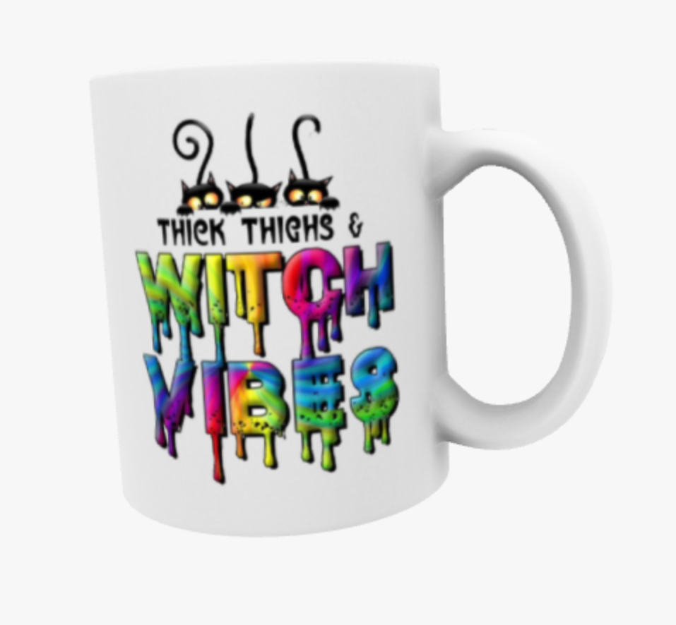 Thick Thighs and Witchy Vibes Ceramic Mug, Travel Mug, Coaster, Cushion, Water Bottle, Keyring