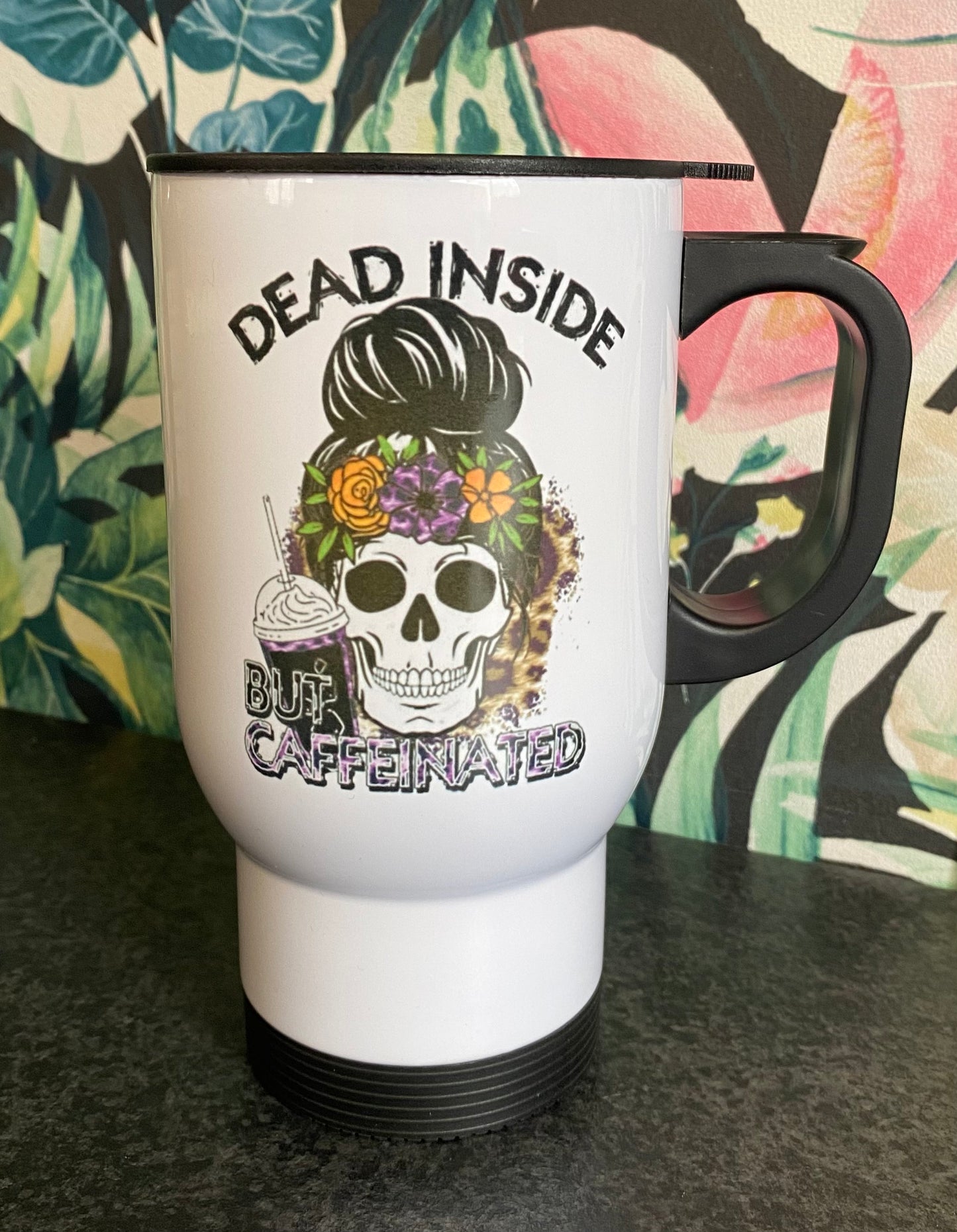 Dead Inside But Caffeinated Travel Mug, Ceramic Mug, Coaster, Cushion, Water Bottle, Keyring